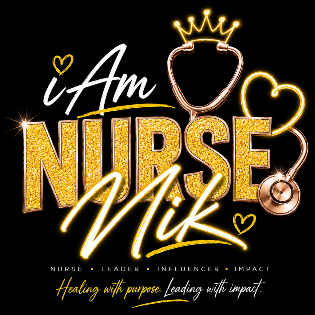 Am Nurse Nik logo featuring bold yellow glitter typography, rose gold stethoscope with crown and heart design, on a black background.
